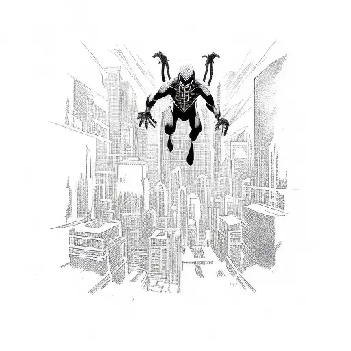 Spiderman Swinging Through A Cityscape With Venom Lurking In The Shadows