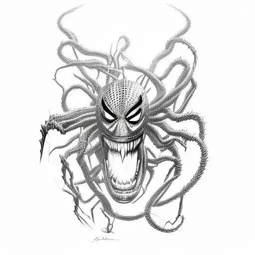 A Black And Grey Portrait Of Spiderman And Venom Locked In A Deadly Embrace