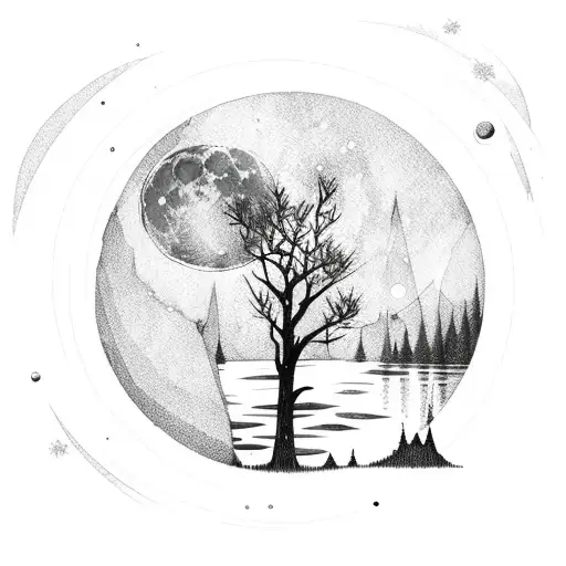 A Moon With Stars And Trees And Lake