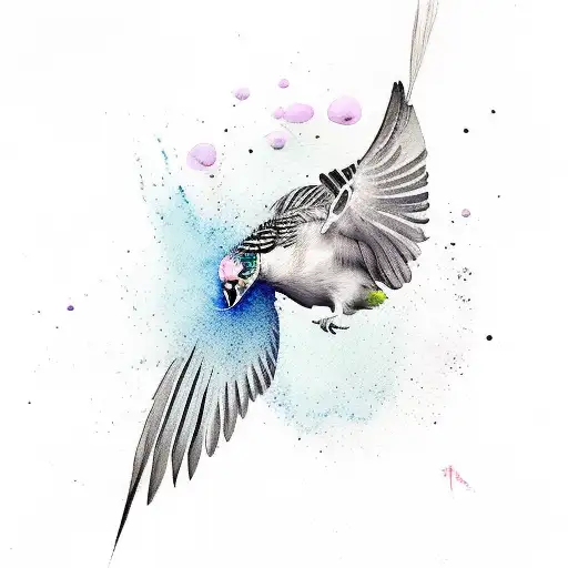 Budgie In Flight With Feathers Turning Into Delicate Watercolor Splashes