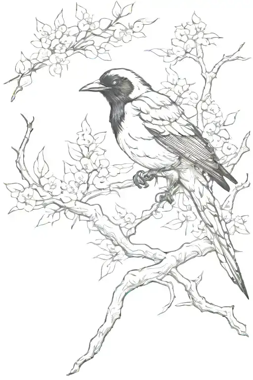 Magpie And Japanese Cherry Tree With Samurai Warrior