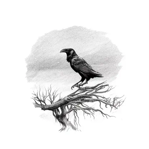 Fine Line Raven Perched On A Warped Tree Branch