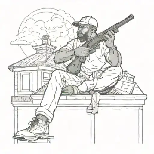 Black Man Sitting On Roof Holding A Shotgun