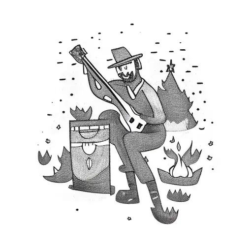 A Campfire With A Guitar And A Gun Leaning Against A Tree