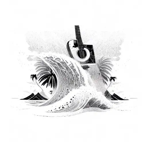 A Palm Tree Shaped Like A Guitar With Waves Crashing Around It