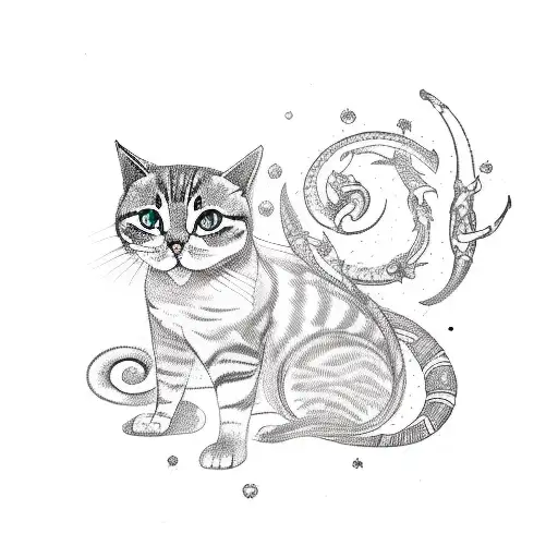 A Sketch-style Tattoo Depicting A Graceful Cat Surrounded By Zodiac Symbols And A Scorpion Tail