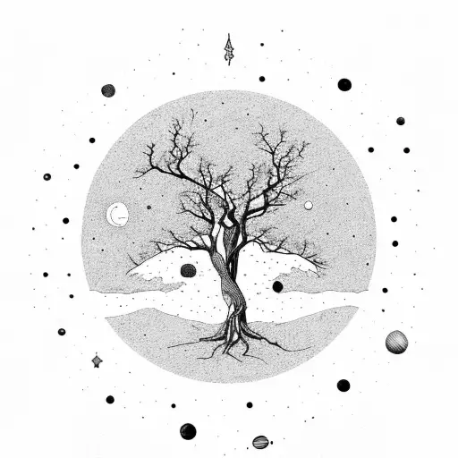 Tree Sorrounded By Space With Galaxy And Planets