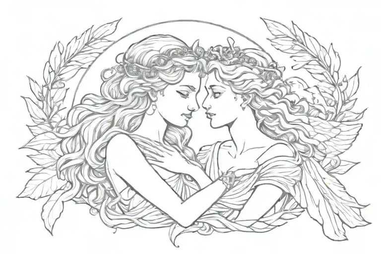 Aphrodite And Eros Line Drawing Style
