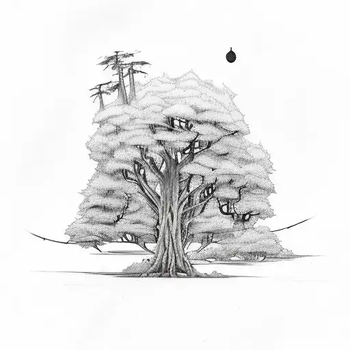 A Sketch-style Tattoo Showcasing A Serene Forest With Hidden Initials 'Yess' Among The Tree Branches
