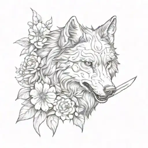Wolf Holding Sword In Mouth Surrounded By Flowers