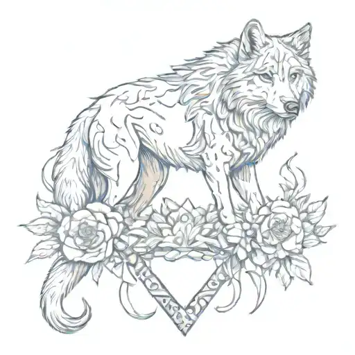 Wolf With Sword Resting In Its Mouth Surrounded By Flowers And The Moon Behind It