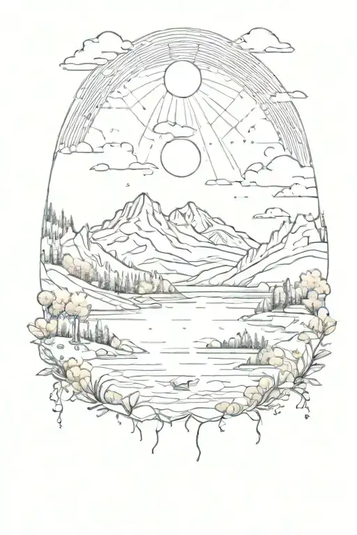 Rays Of Sunshine With A Lake And Mountain Landscape Surrounding With Animals Tattoo