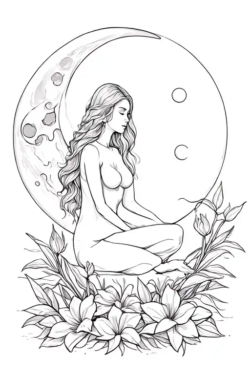 Moon With Lilies And A Female Body A Woman Who Sits On The Moon