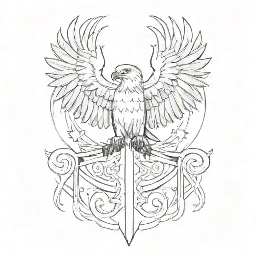 Create A Sketch Style Tattoo Of A Powerful Eagle Clutching A Christian Cross In Its Talons
