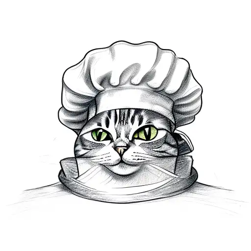 A Sketch Style Tattoo Of A Cat Wearing A Chef's Hat