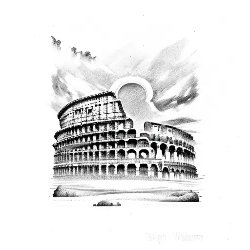 Broken Greek Colosseum With Storm In Background And Warriors