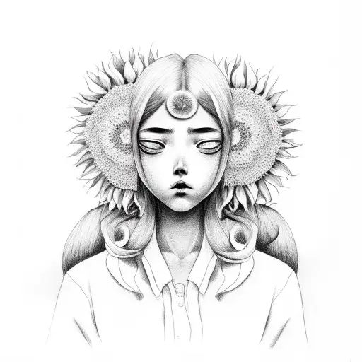 Girl With No Face And With Hair Full Of Sunflower