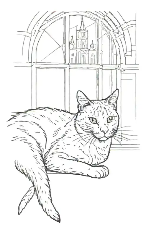 A Black And White Cat Laying By A Windows That Is Showing A Church