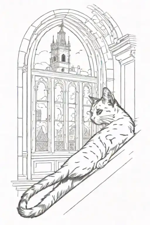 A Black And White Cat With Stops Laying By A Window Which Shows The Tower Of A Church