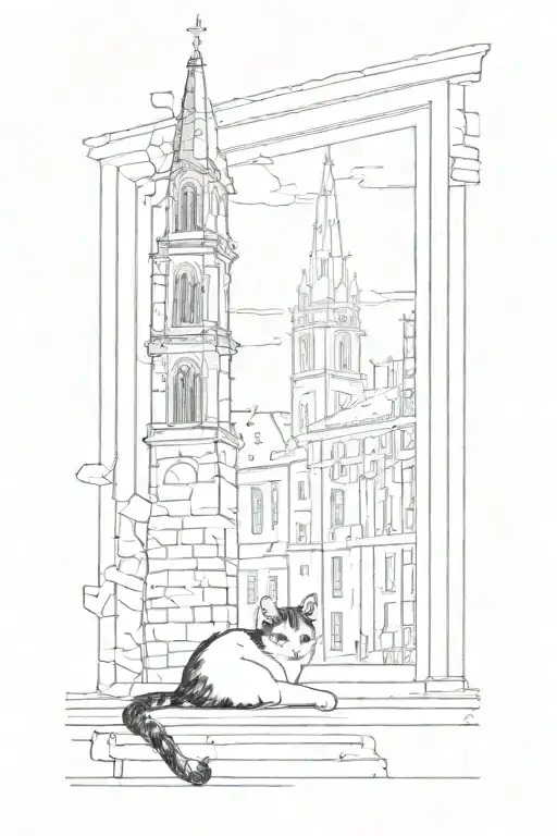 A Black And White Cat With Spots Laying By A Window Which Shows The Tower Of A Church