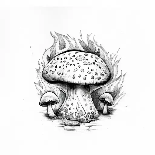 Tramp Stamp Of A Dinosaur On A Mushroom Surrounded By Flames