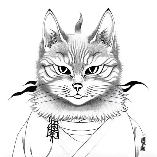 Japanese Cat With Kimono And Kitsune Mask