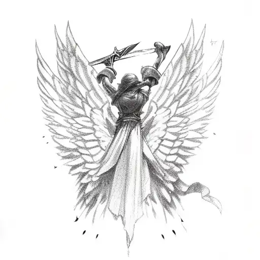 An Angel With Large Wide Wings Holding A Sword Upwards