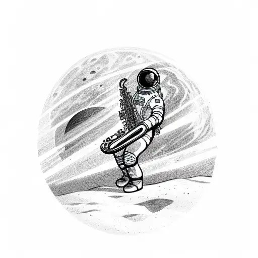 A Sketch Of A Astronaut Playing A Saxophone On A Lunar Landscape