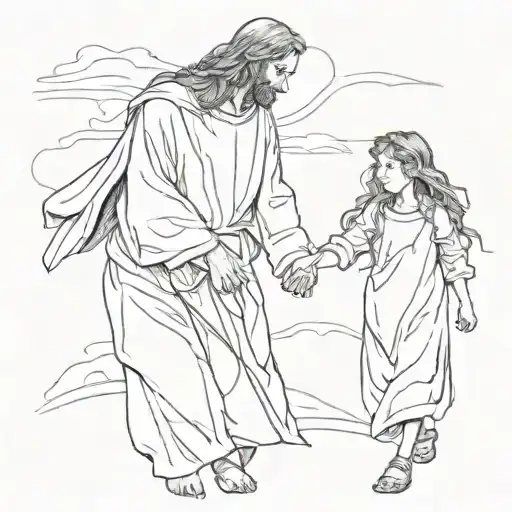 Jesus Holding Hands With Little Girl Walking Hand In Hand