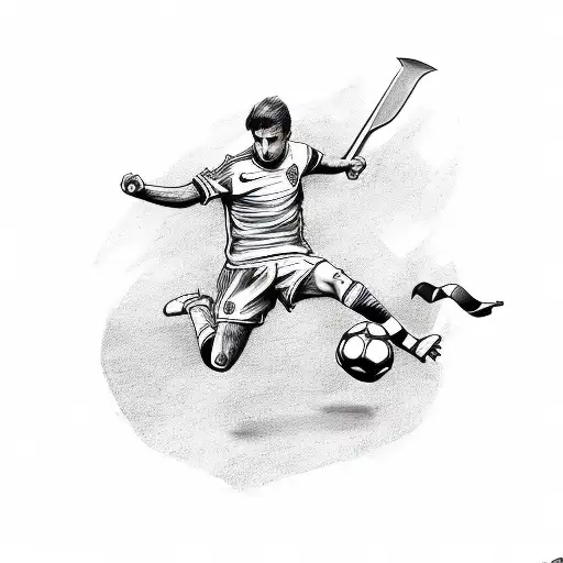 A Sketch Style Tattoo Of A Soccer Player With A Sword As A Leg
