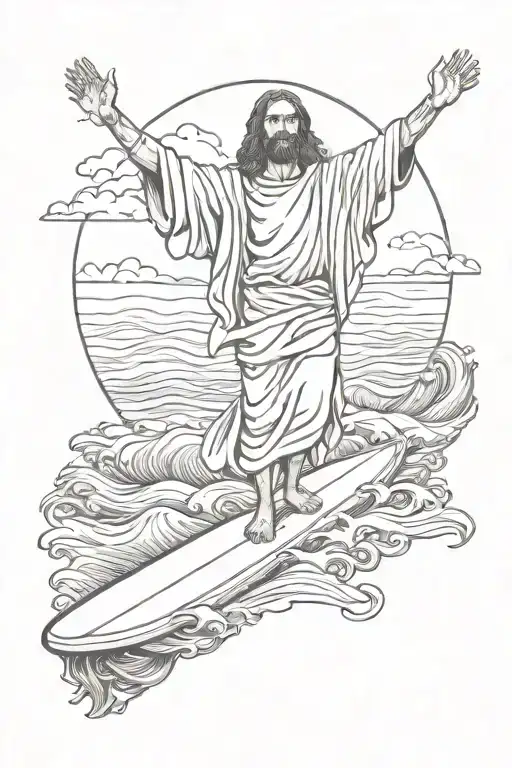 Jesus Christ Standing On A Surfboard Floats On The Waves With A Glass Of Wine In His Right Hand
