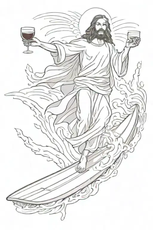 Jesus Christ Standing On A Surfboard Floats On The Waves With A Glass Of Wine In His Right Hand