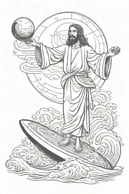 Jesus Christ Standing On A Surfboard Floats On The Waves With A Bottle Of Wine In His Hand