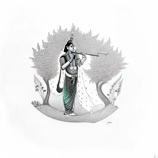 Krishna Infront Of A Tree With A Flute In Black