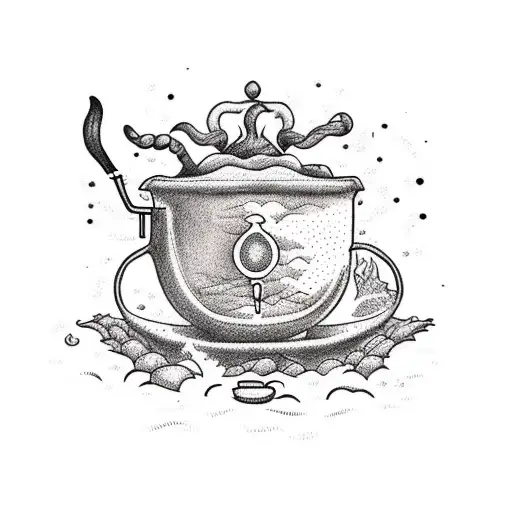 A Dotwork Tattoo Of A Witch Brewing Coffee In A Cauldron With A Beach Background