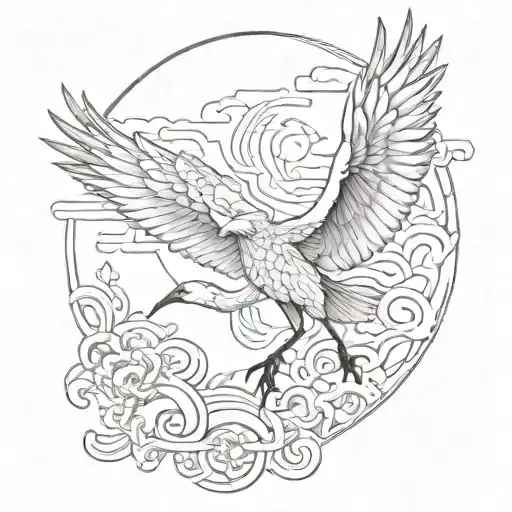 Sketch Of A Flying Crane Tattoo In Asian Style