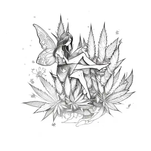 A Sketch-style Tattoo Featuring Fairies Surrounded By Outdoor Marijuana Plants