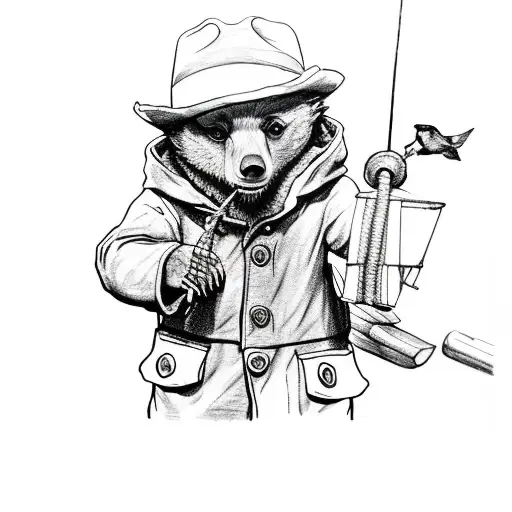 Paddington Bear On Boat Fishing In The Lake Black And Grey