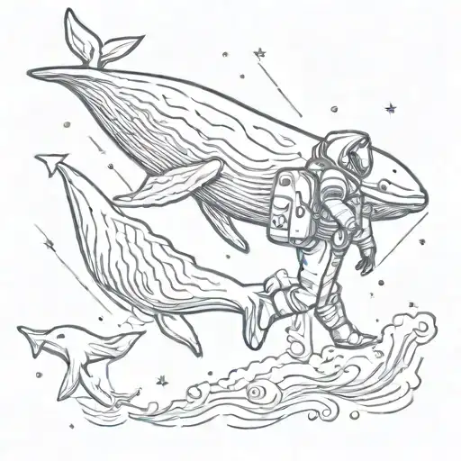 An Astronaut Swimming With A Majestic Whale In Outer Space