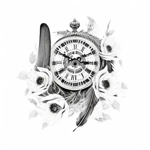 Feather With Roses With Wolf With Roman Clock