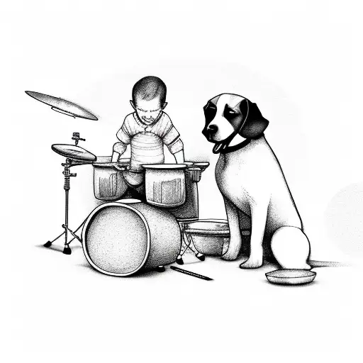 A Boy And A Dog Sitting Top Of A Drum Set Sketchup