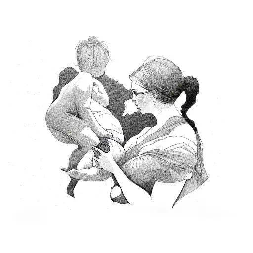 Silhouette Of Mother Breastfeeding Baby Boy With Small Girl Child