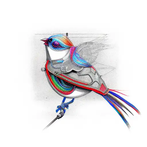 A Steampunk Bird Made With Cables And Eletronic Equipment Only Red Green And Blue Collors