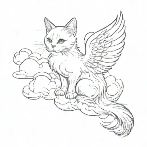White Cat With Wings On The Clouds