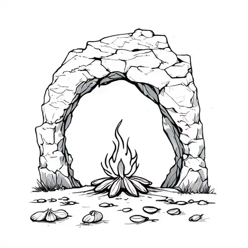 Sketch A Cave With Small Fire Megwort And Garlic Laid Out In Front Of It Korean Mythology