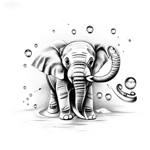 A Whimsical Sketch-style Tattoo Showcasing A Baby Elephant Blowing Bubbles