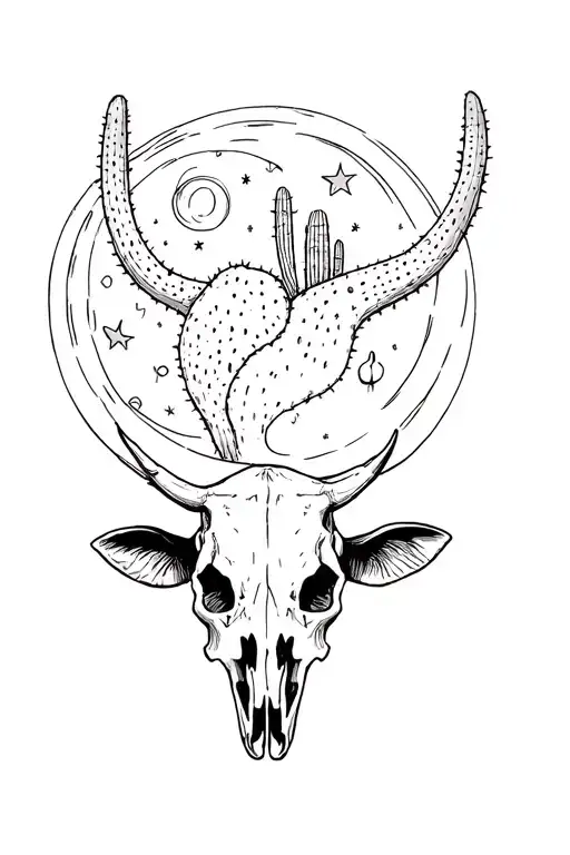 Cactus And Cow Skull Under The Moon
