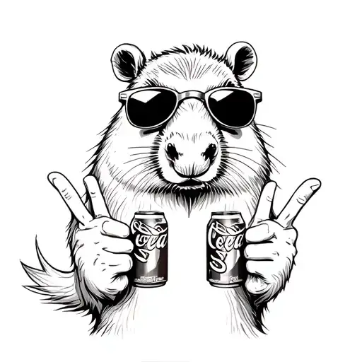 Capybara With Sunglasses And Peace Fingers Holding A Coca Cola Cartoon