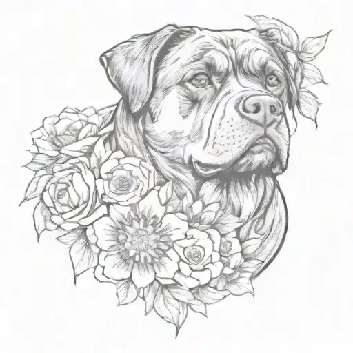 A Sketch Of A Rottweiler Surrounded By Various Types Of Flowers