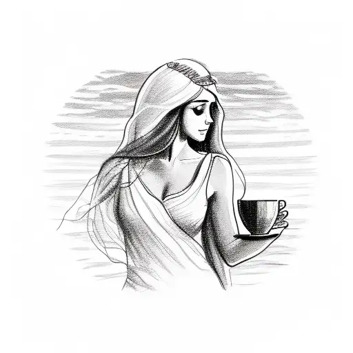 A Sketch Of A Greek Goddess Holding A Coffee Mug In A Nature Setting